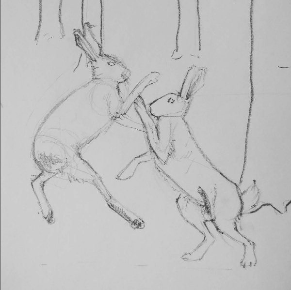 illustrated fabric wall hanging - close up of pencil design - boxing hares