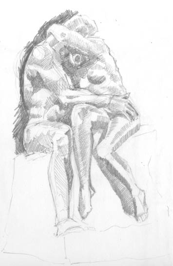 pencil sketch of Rodin's The Kiss