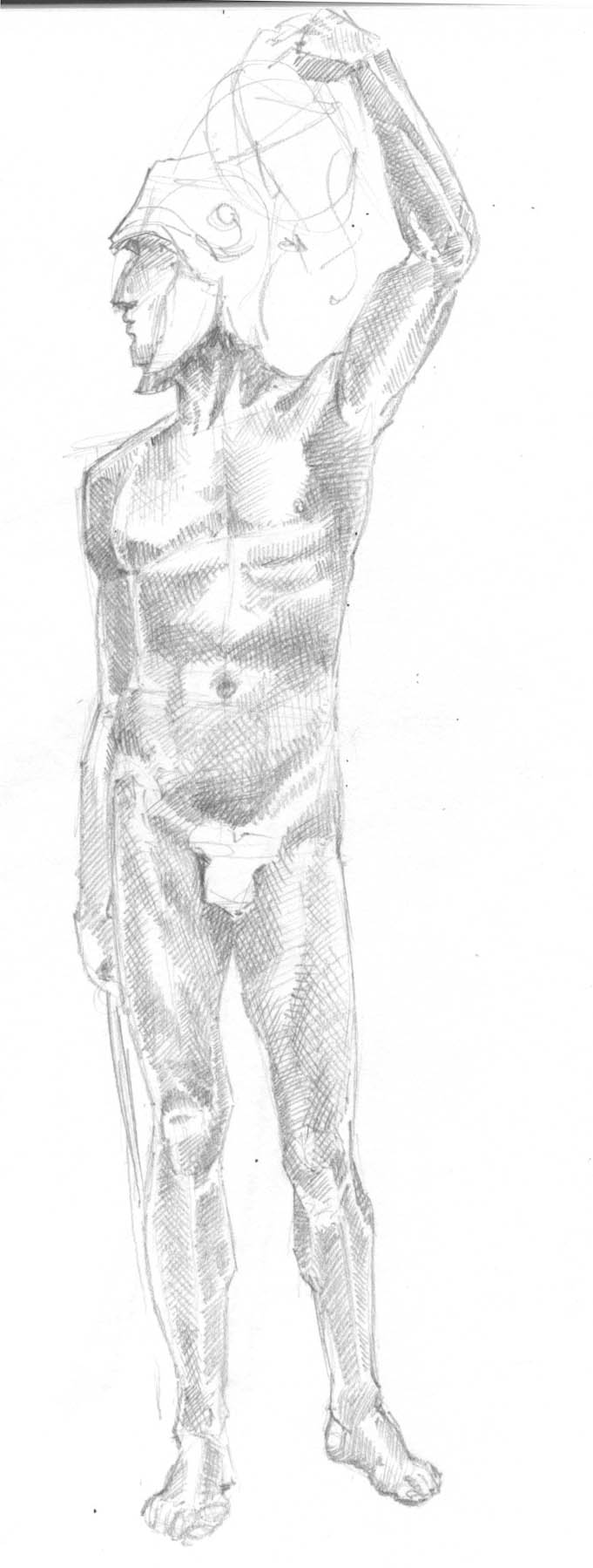 pencil sketch of sculpture of Perseus holding Medusa's head aloft