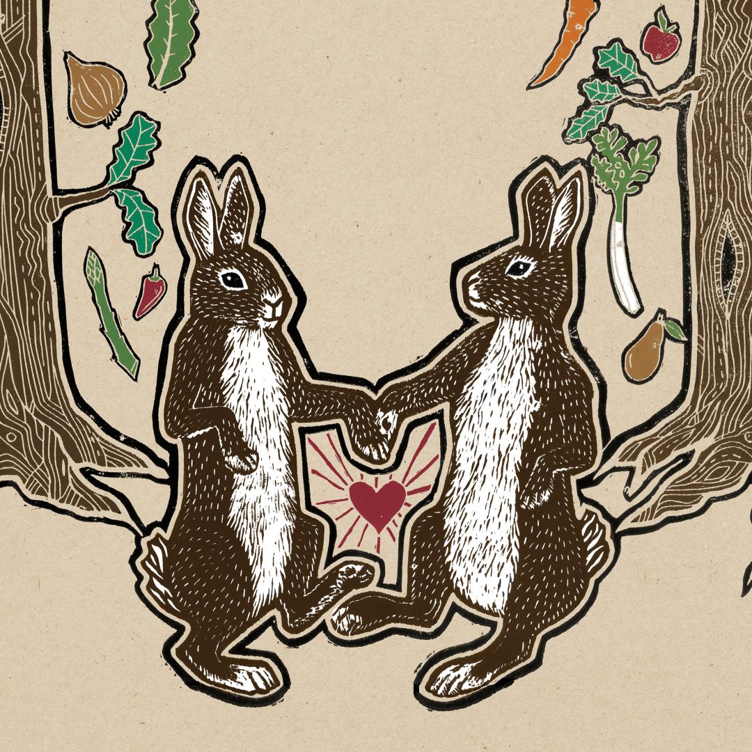 lino illustration of rabbits dancing Wales illustrator Frank Duffy The Warren Carmarthen